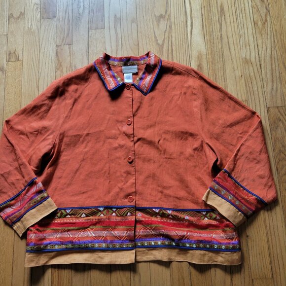 Vintage Coldwater Creek Button-Up Jacket W/ Embroidered Trim Orange Linen Womens - Picture 2 of 5